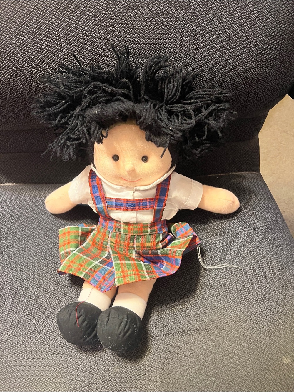 Classic Plush Rag Doll in Black Hair with Plaid Dress